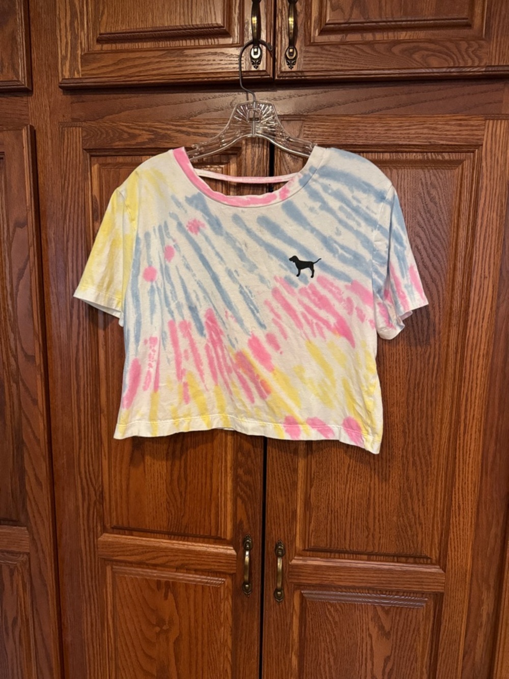 PINK Victoria's Secret Tie-Dye Crop Top in Pastel Pink, Blue & Yellow